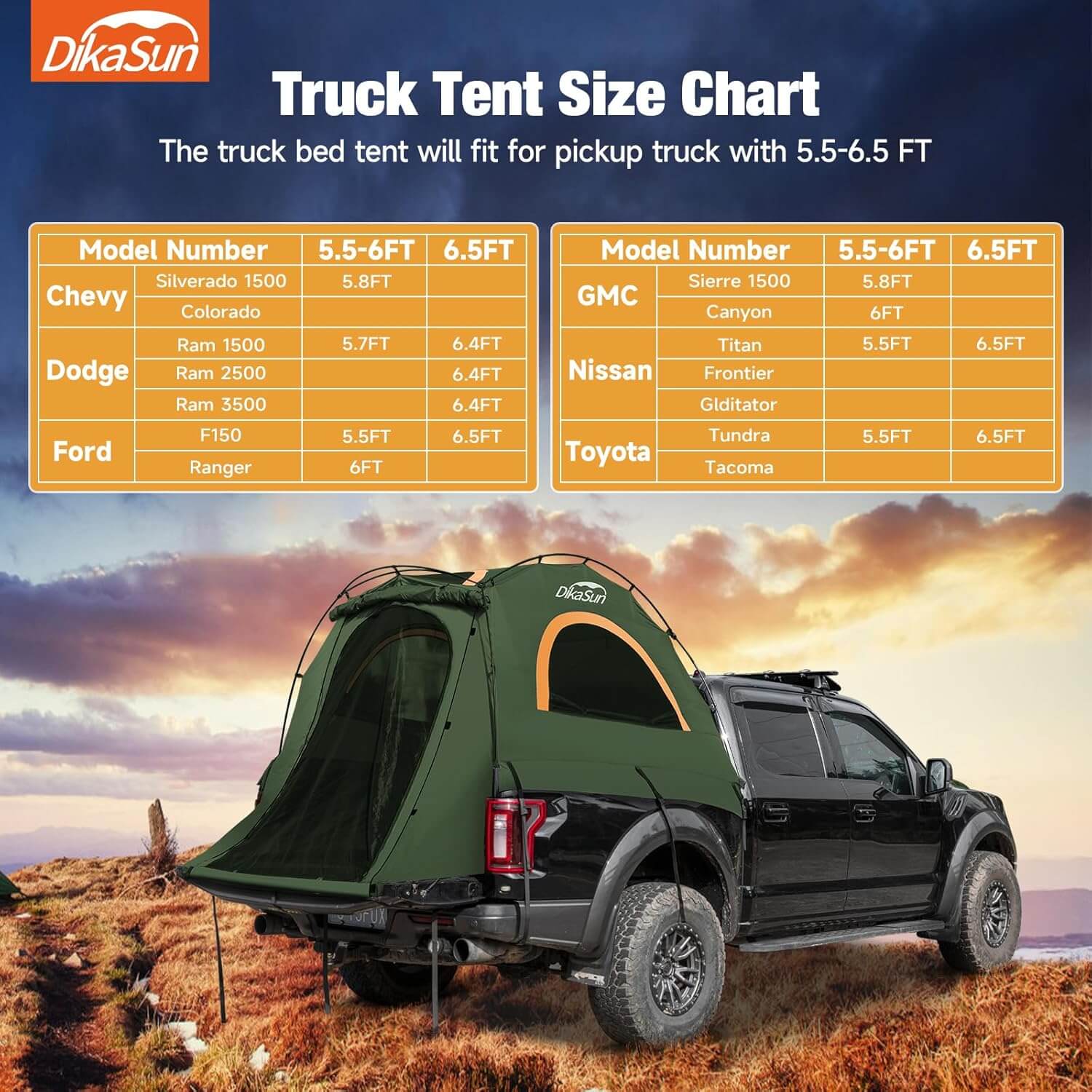 5.5-6.7ft Easy Setup Pickup Truck Bed Tent | Green