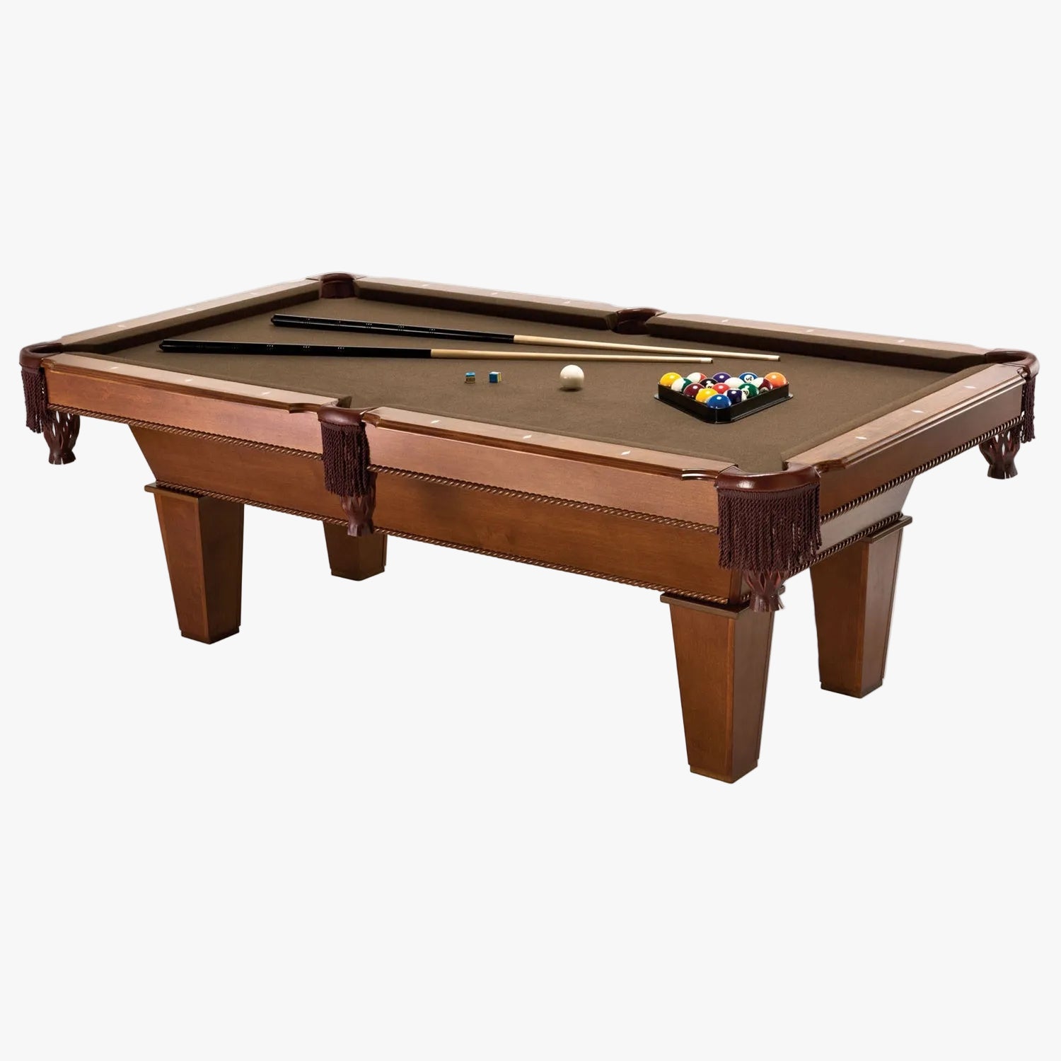 7’ Brown Wool Cloth Top Pool Table with 2 Cues and Billiards Balls