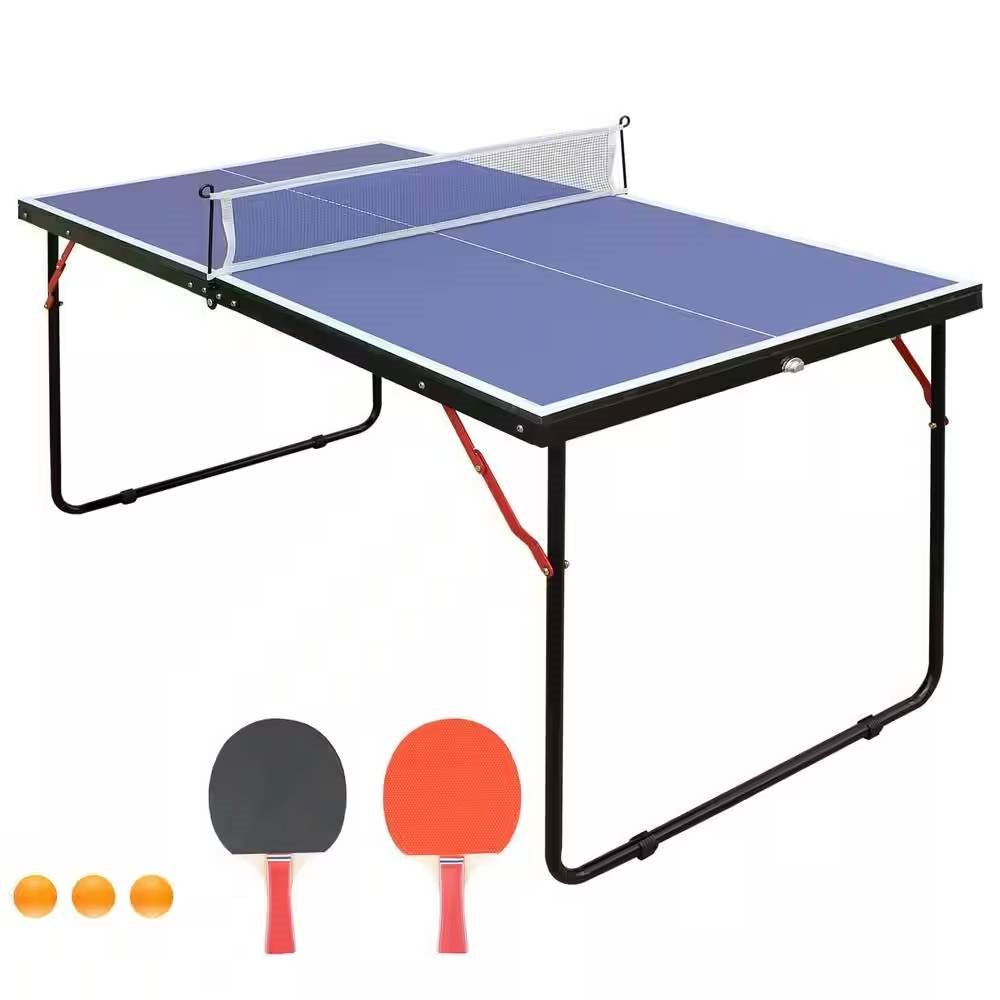 Folding 54” Blue Table Tennis Table Set with Net and Paddles