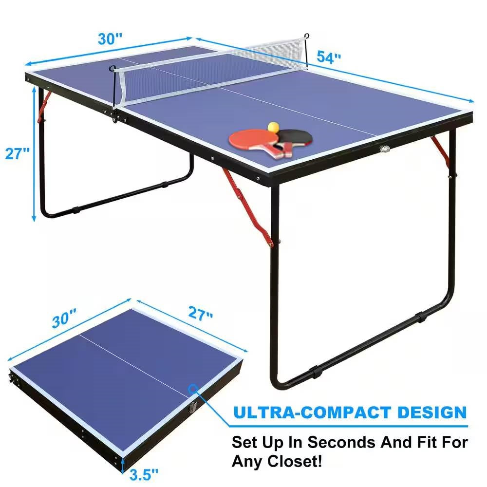 Folding 54” Blue Table Tennis Table Set with Net and Paddles