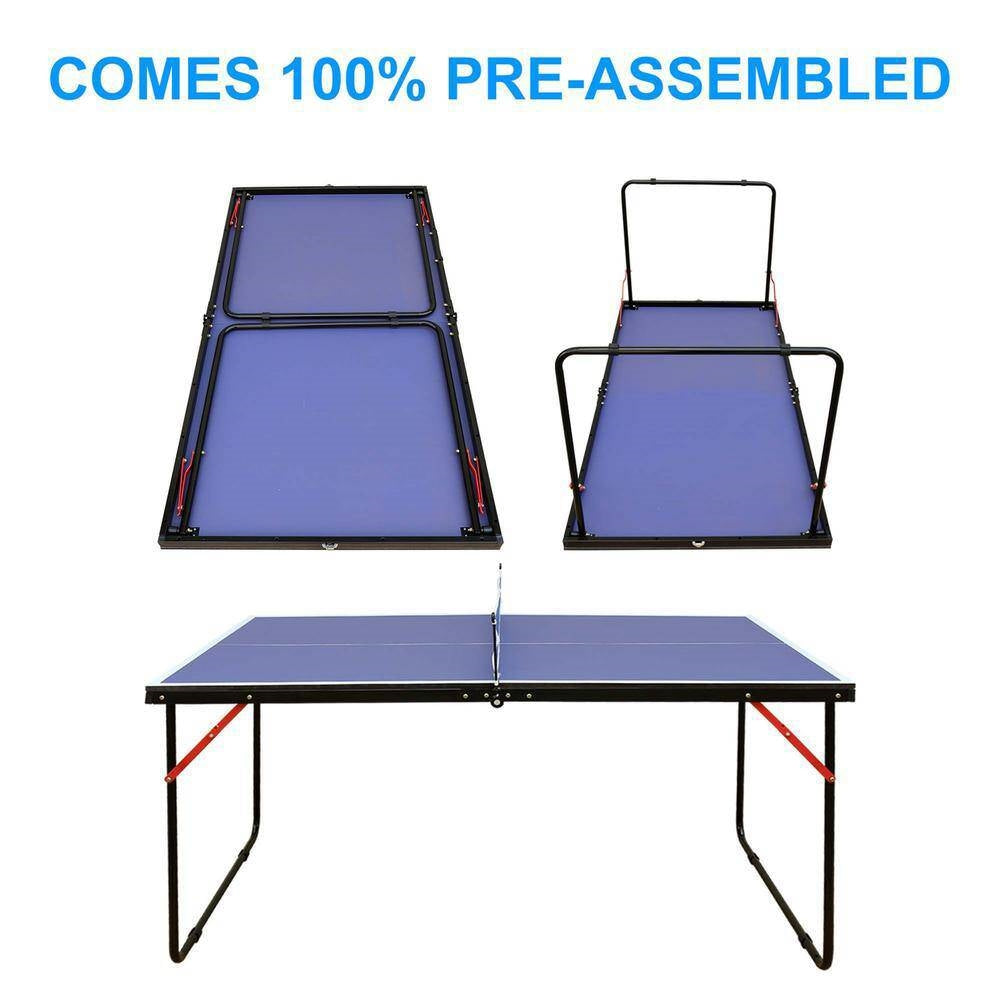 Folding 54” Blue Table Tennis Table Set with Net and Paddles