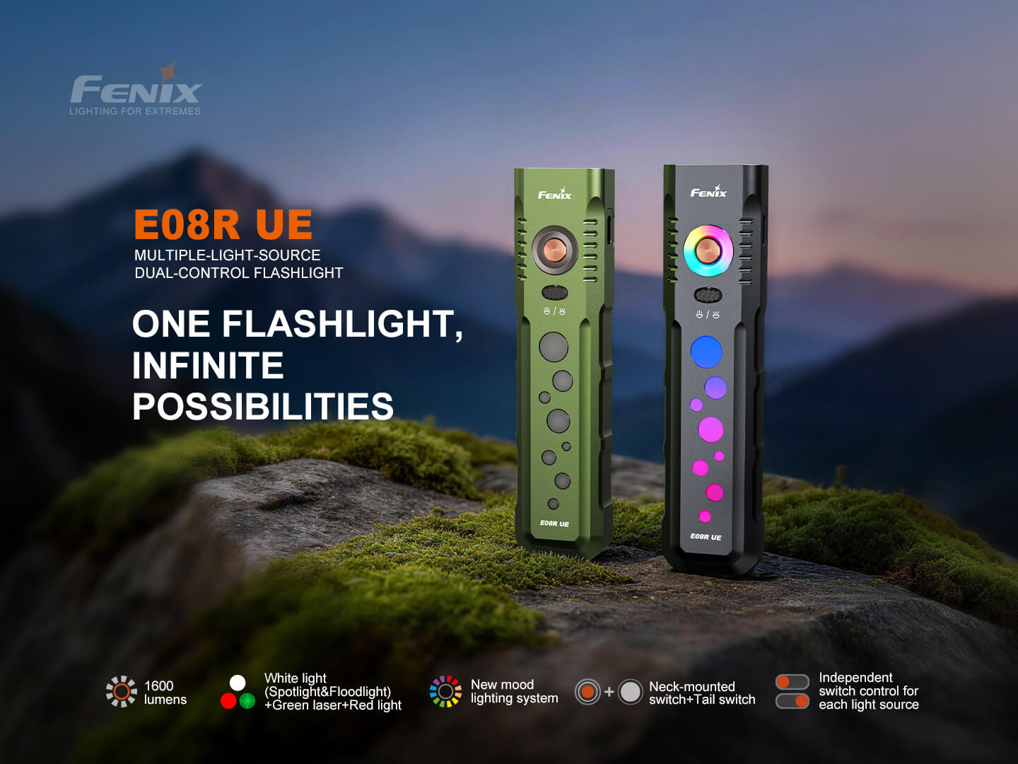 Fenix E08R UE Multi-Light EDC Flashlight цith Red Light & Green Laser