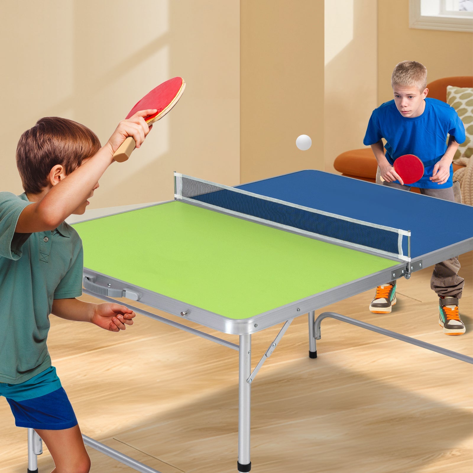 Foldable Ping Pong Mini Table Game Set with Adjustable Height | Blue & Green