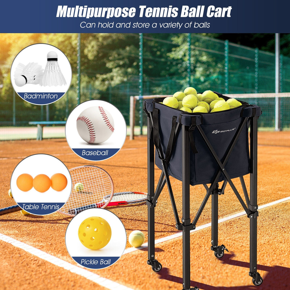 Lightweight Foldable Tennis Ball Teaching Cart with Wheels and Removable Bag