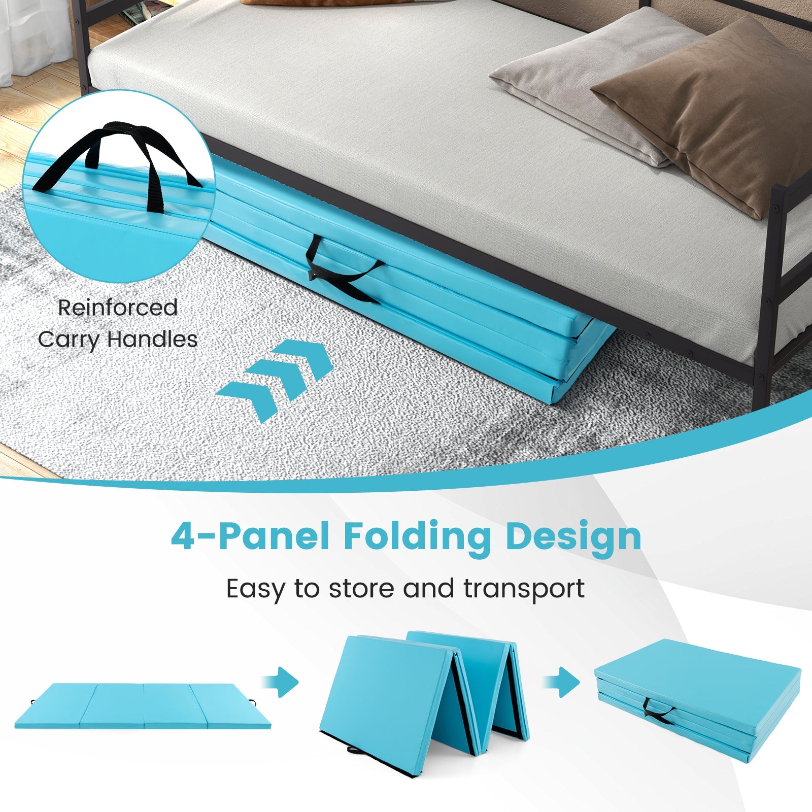 4-Panel PU Leather Folding Exercise Mat with Carrying Handles | 10' x 4' x 2"