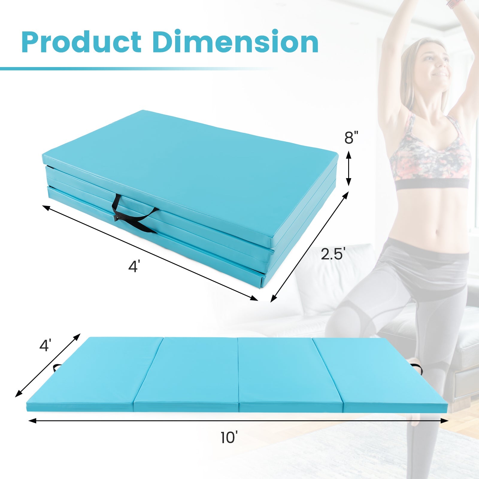 4-Panel PU Leather Folding Exercise Mat with Carrying Handles | 10' x 4' x 2"