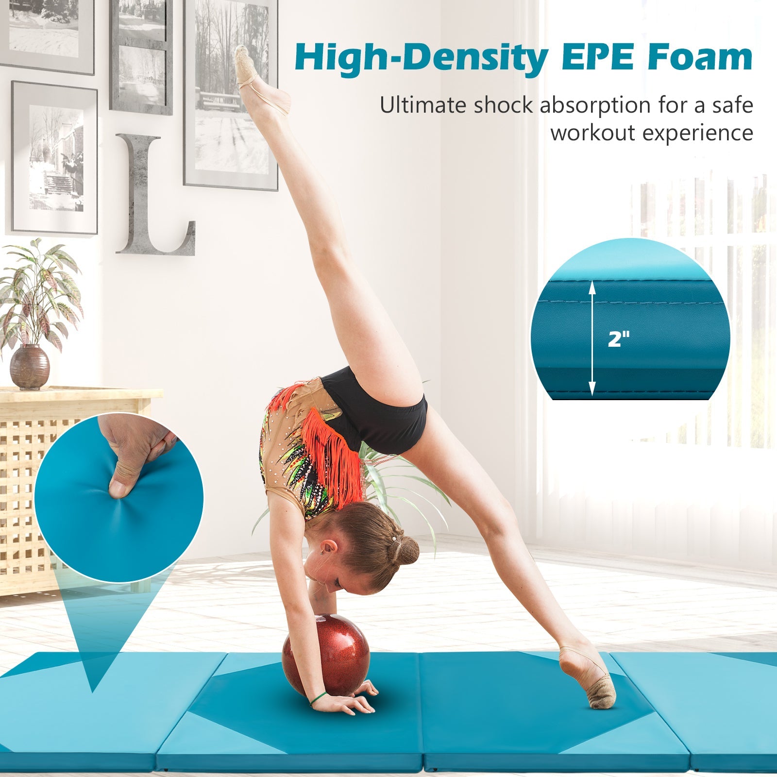 Folding Exercise Mat with Hook and Loop Fasteners | 10' x 4' x 2"