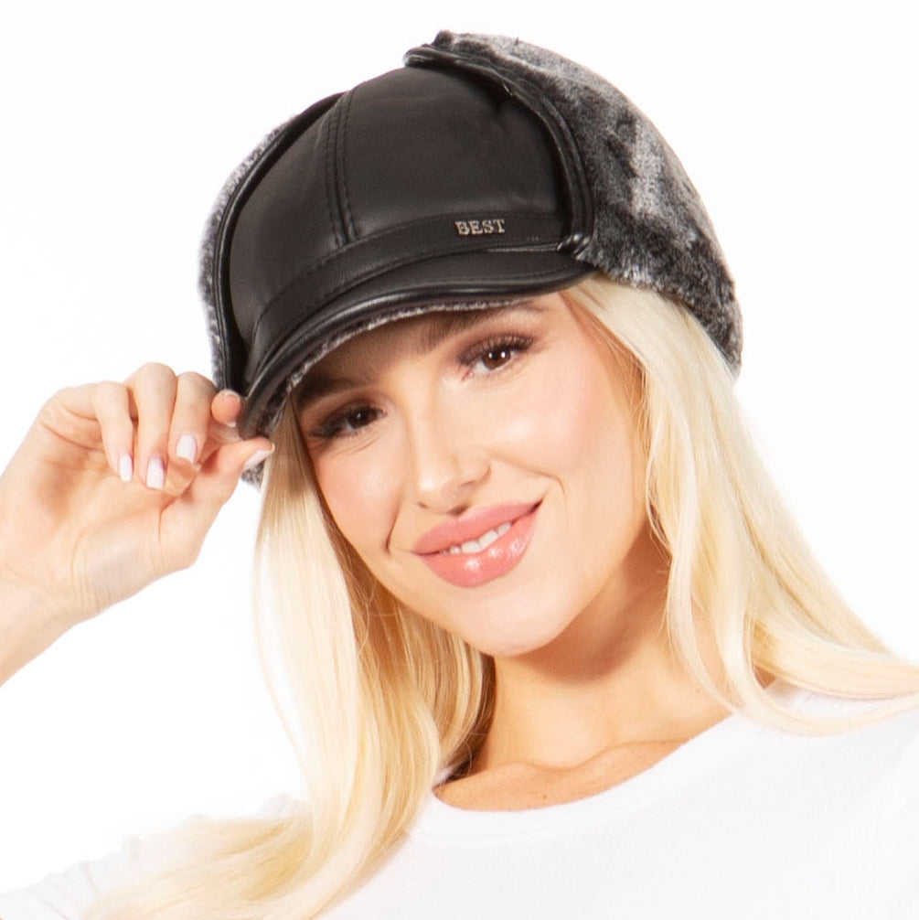 Sakkas Leather Shearling Unisex Aviator Trapper Winter Cap with Ear Flaps