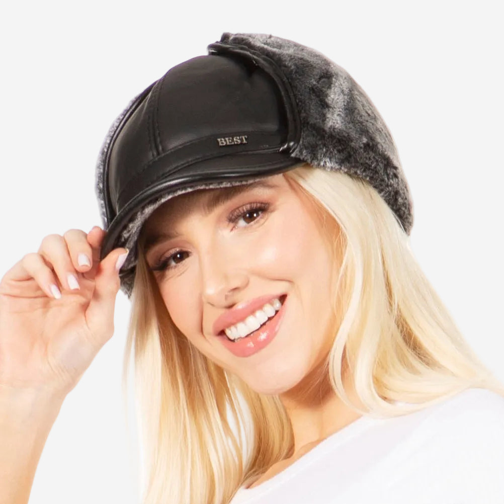 Sakkas Leather Shearling Unisex Aviator Trapper Winter Cap with Ear Flaps
