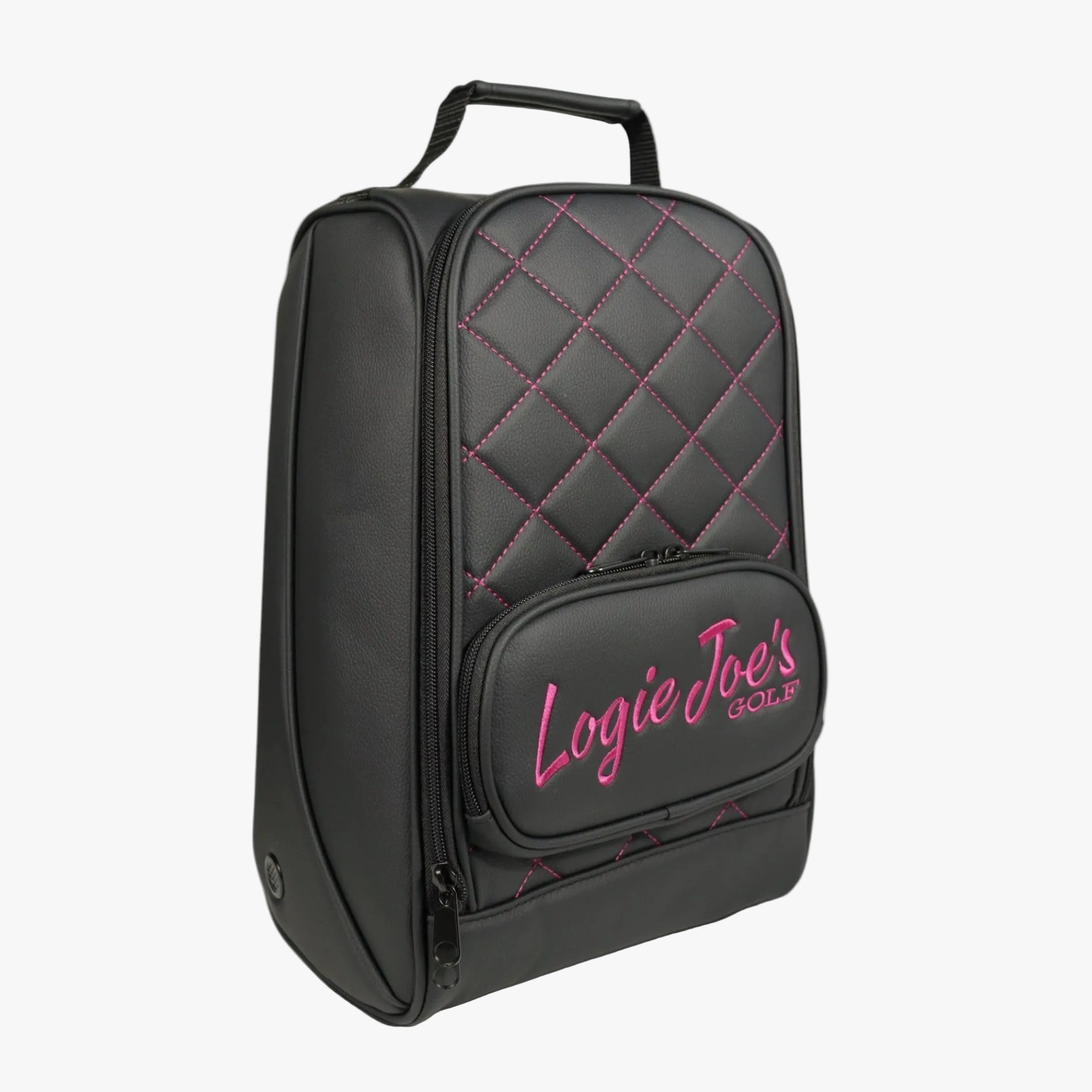 Golf Shoe Bag | Premium PU Leather Golf Shoe Organizer | Quilted Travel Shoe Case with Accessory Pocket, Carry Handle & Ventilation | Black/Pink