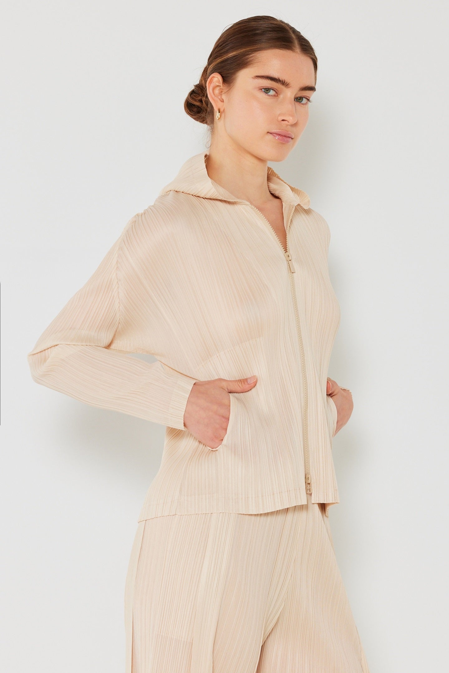 Pleated Jacket w/ Two-Way Zipper (J01HD) | Beige