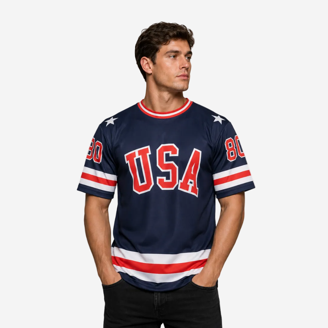 USA Hockey Officially Licensed "Miracle on Ice 1980 Team" Jersey Navy Tee | Adult