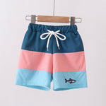 Colorblock Fish Embroidery Swim Trunks