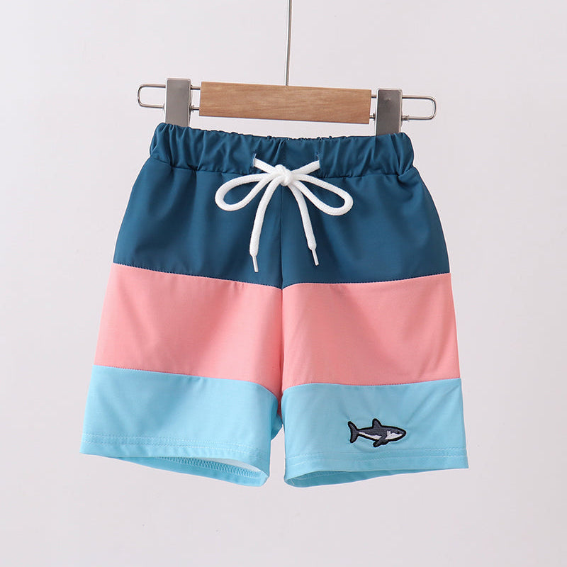 Colorblock Fish Embroidery Swim Trunks