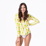 Women's Print Long Sleeve Swim and Sun Cover Up in Natural Pineapple