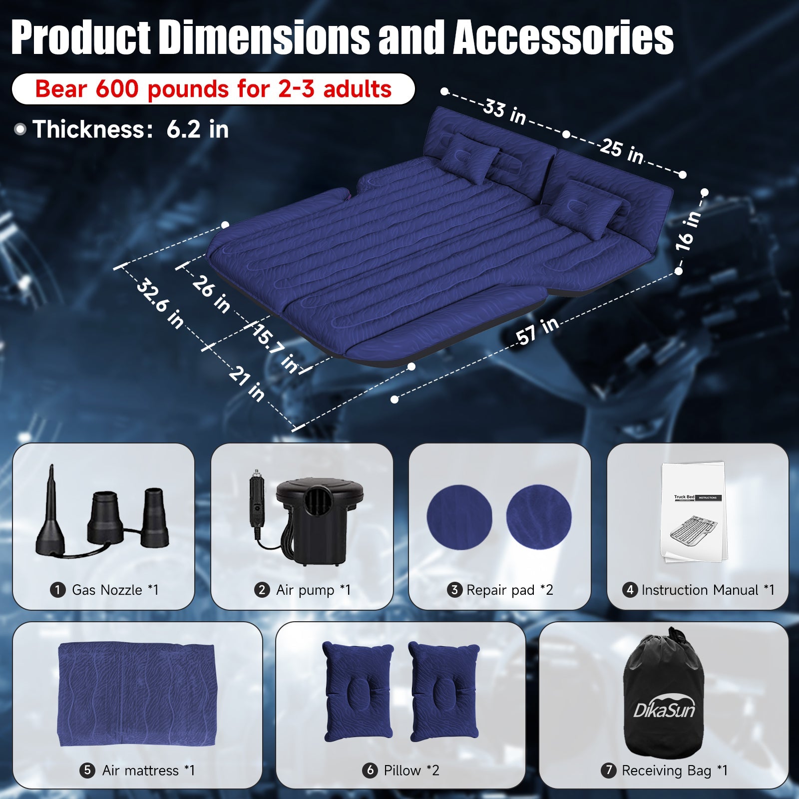 DikaSun Universal SUV Air Mattress | Upgraded Flocking Extra-Thick Oxford Surface with Electric Pump & 3M Charging Cable | Navy