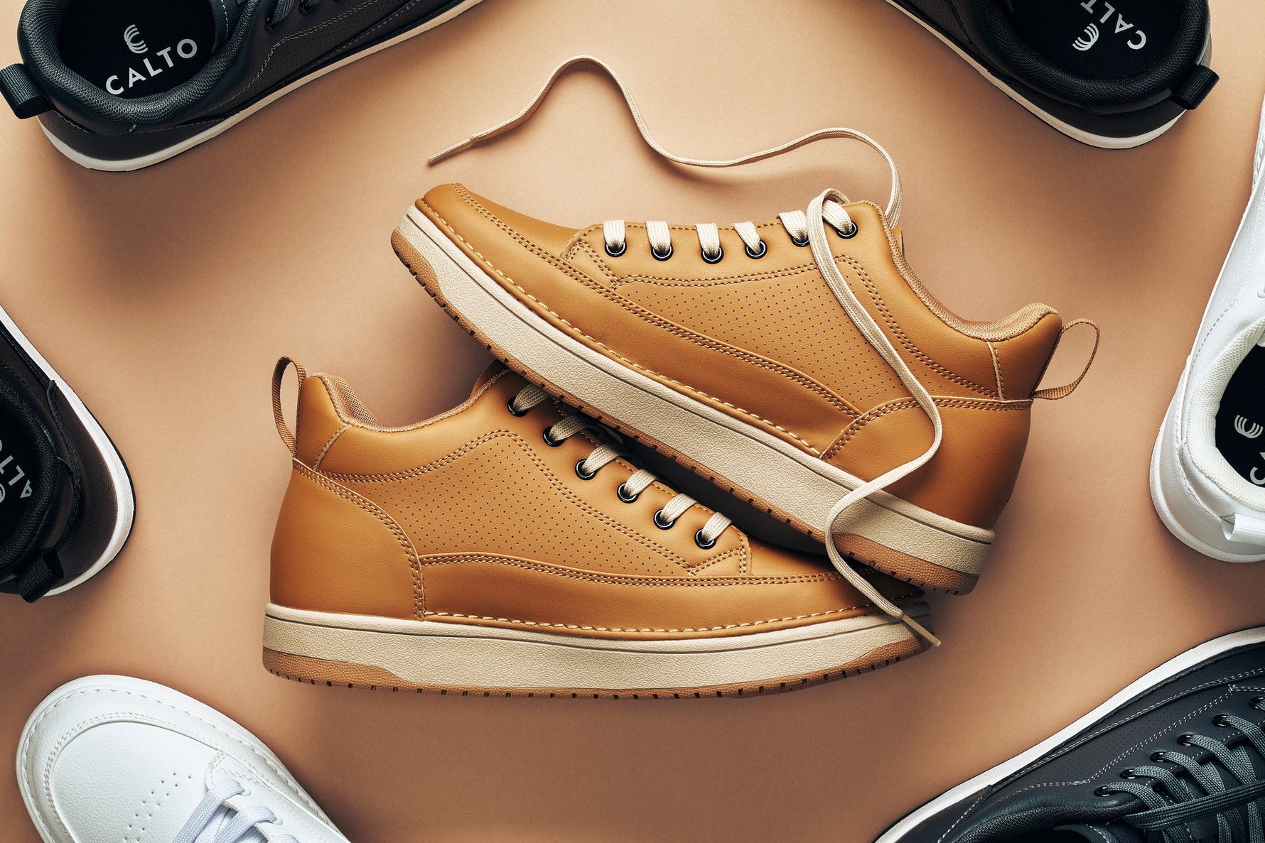 CALTO Q274 2 Inches Taller (Camel Brown & Gum Sole) | Elevated Leatherette Micro-Perforated Sneakers