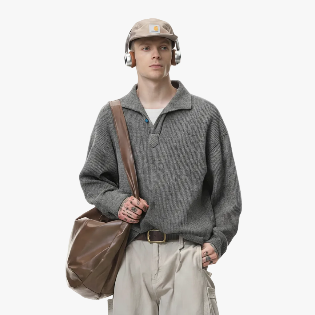 Vintage Italian Polo Shirt with Long Sleeve and Classic Collar | Loose Fit