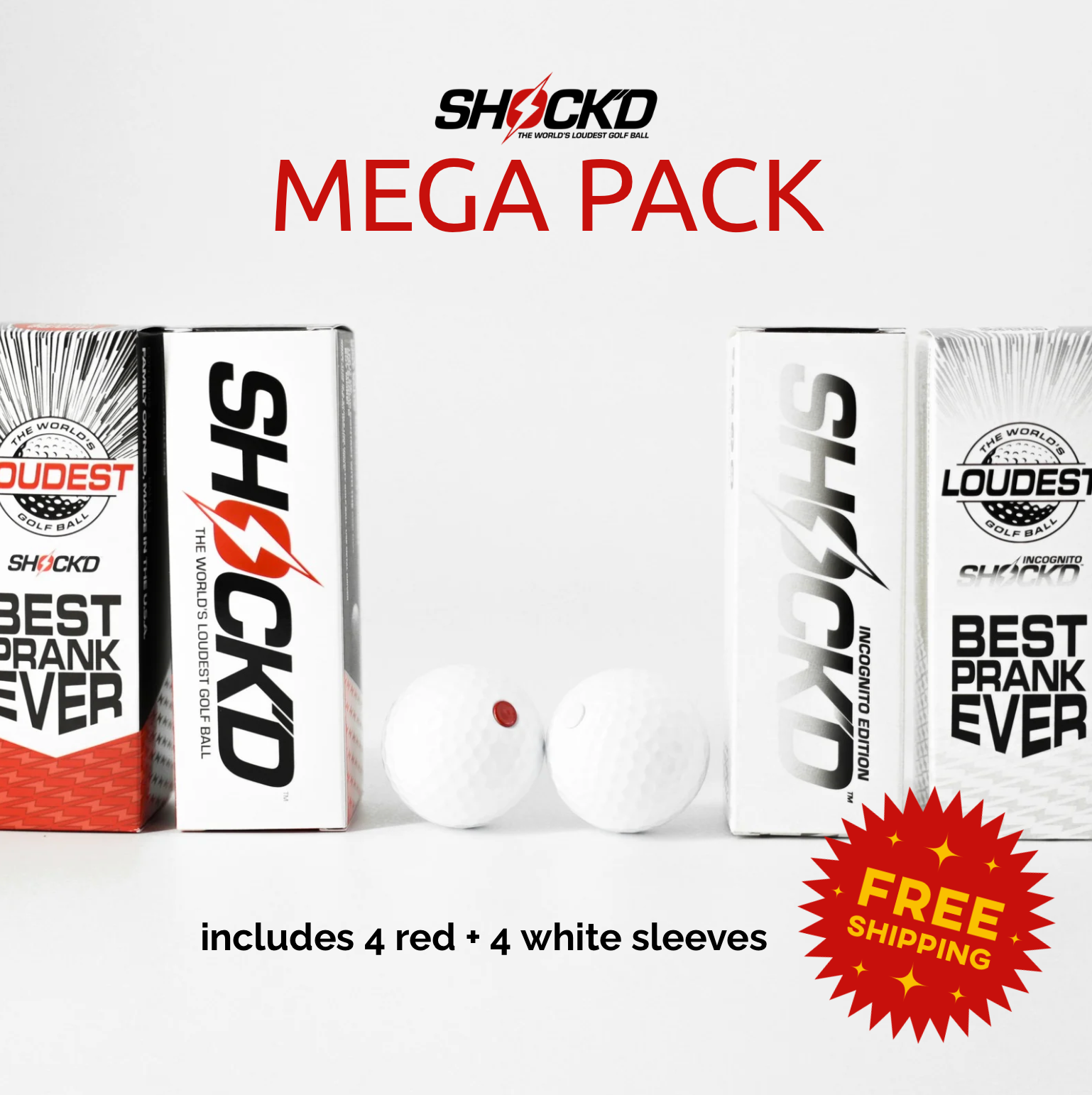 SHOCK'D Golf Balls Mega Pack | 4 Red + 4 White