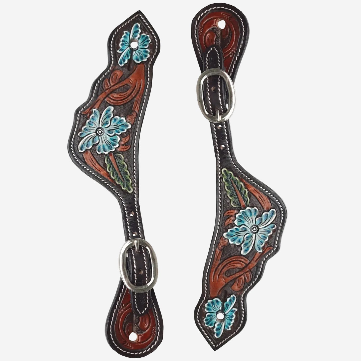 Tahoe Hand Tooled Turquoise Floral and Leaf Leather | Hand Painted Spur Straps Unisex Pair for Riding