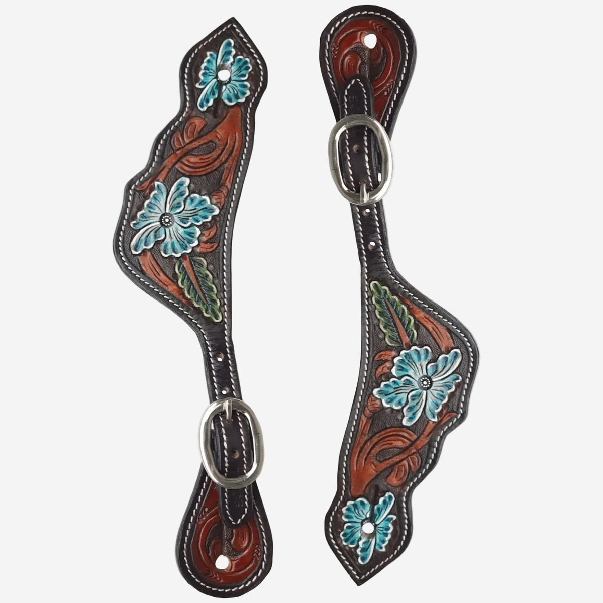 Tahoe Hand Tooled Turquoise Floral and Leaf Leather | Hand Painted Spur Straps Unisex Pair for Riding