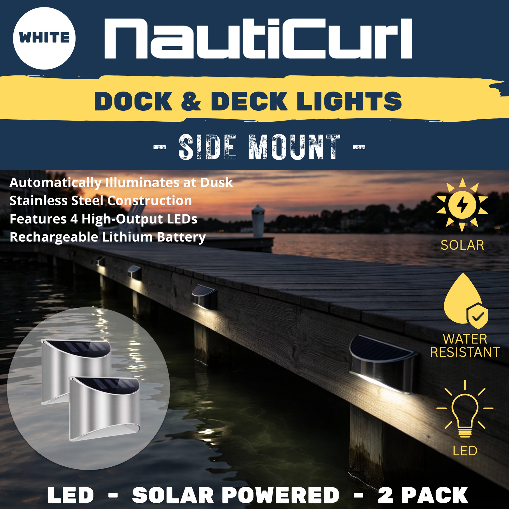 LED Dock & Deck Side Mount Lights | Solar Powered Light (2-Pack)