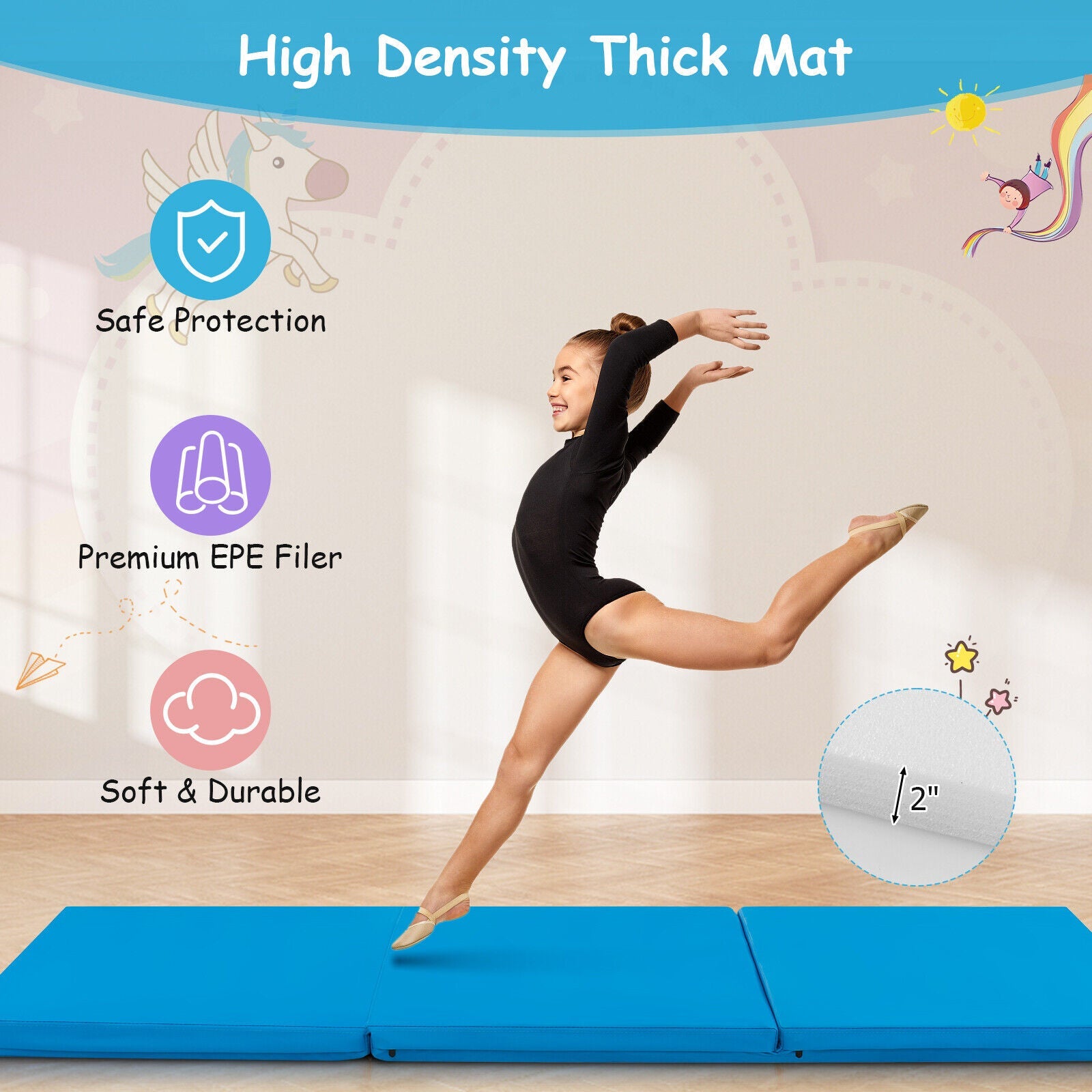 Tri-Fold Gym Mat with Handles and Removable Zippered Cover | 6' x 2'