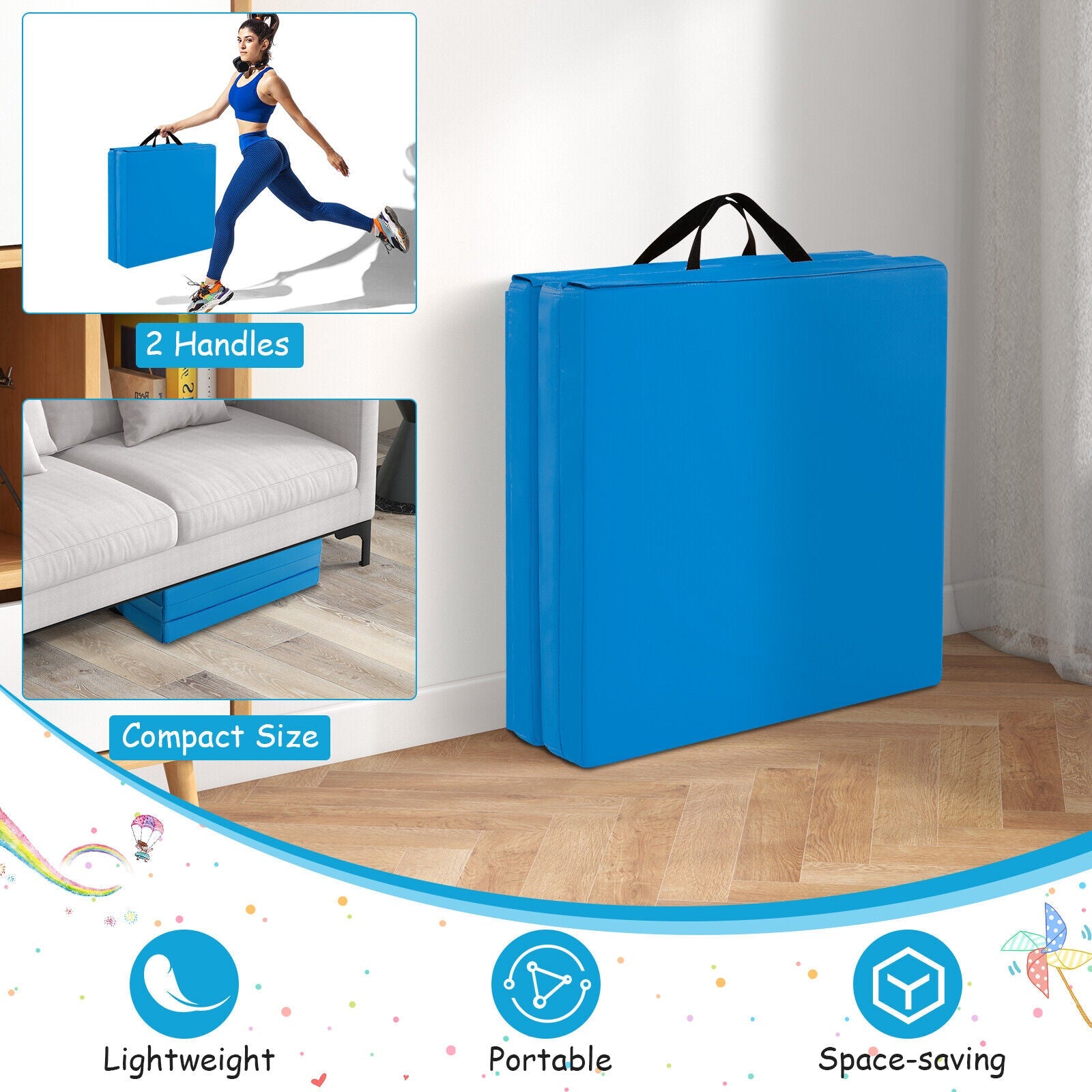 Tri-Fold Gym Mat with Handles and Removable Zippered Cover | 6' x 2'