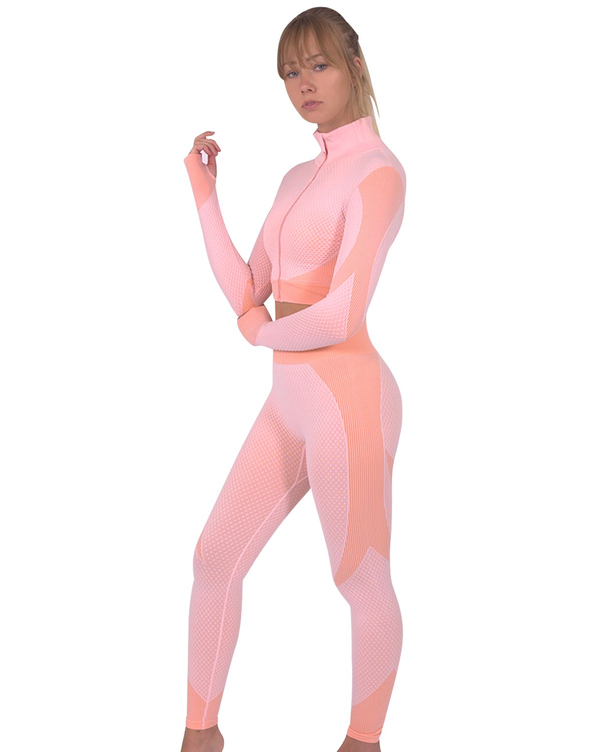 Trois Seamless Jacket, Leggings & Sports Top 3-Piece Set | Pink