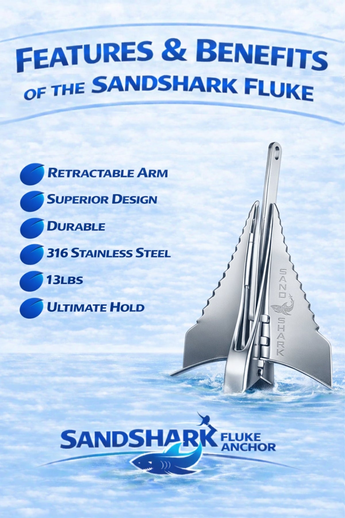 Premium 316 SS Fluke Anchor | Retractable Shaft (13 lbs.)