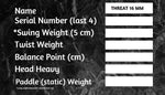 THREAT 16 with Custom Weight Card, Paddle Cover, Paddle Eraser, and Lead Weights