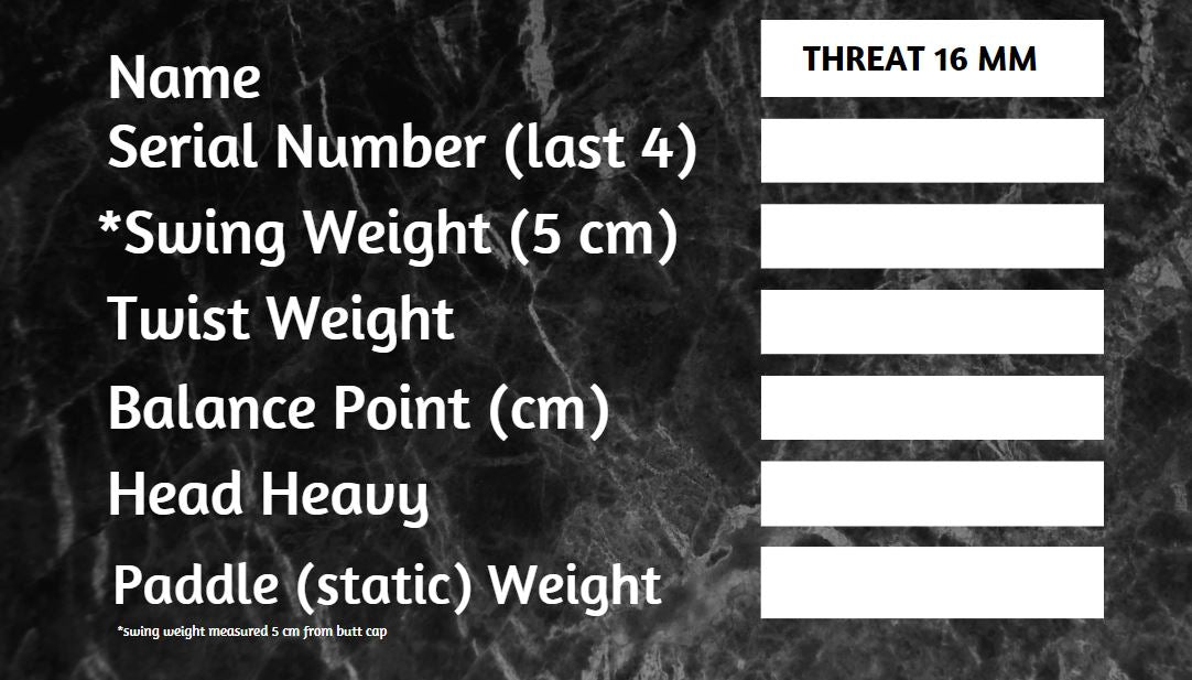 THREAT 16 with Custom Weight Card, Paddle Cover, Paddle Eraser, and Lead Weights