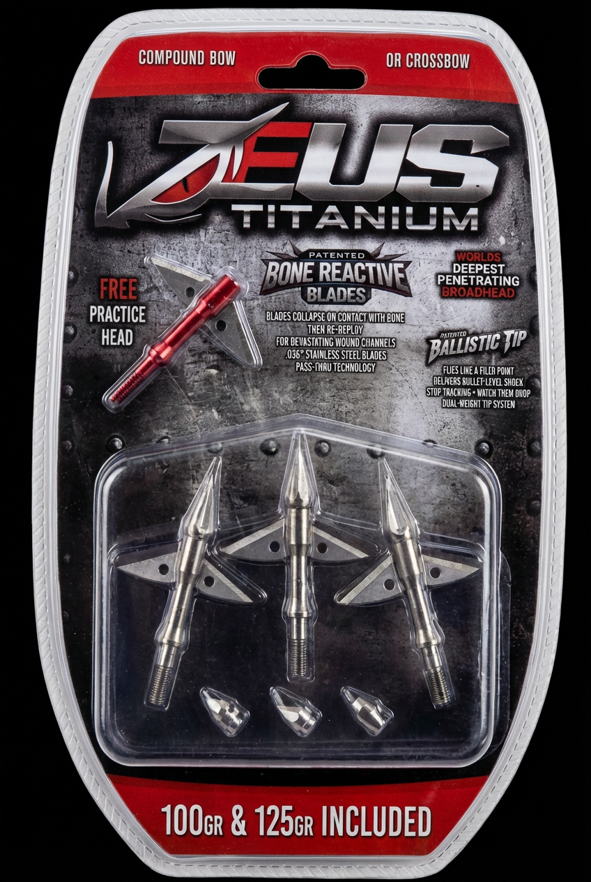 ZEUS TITANIUM  BROADHEADS (3 PACK) PLUS PRACTICE HEAD | COMES WITH BOTH 100/125 GR TIPS
