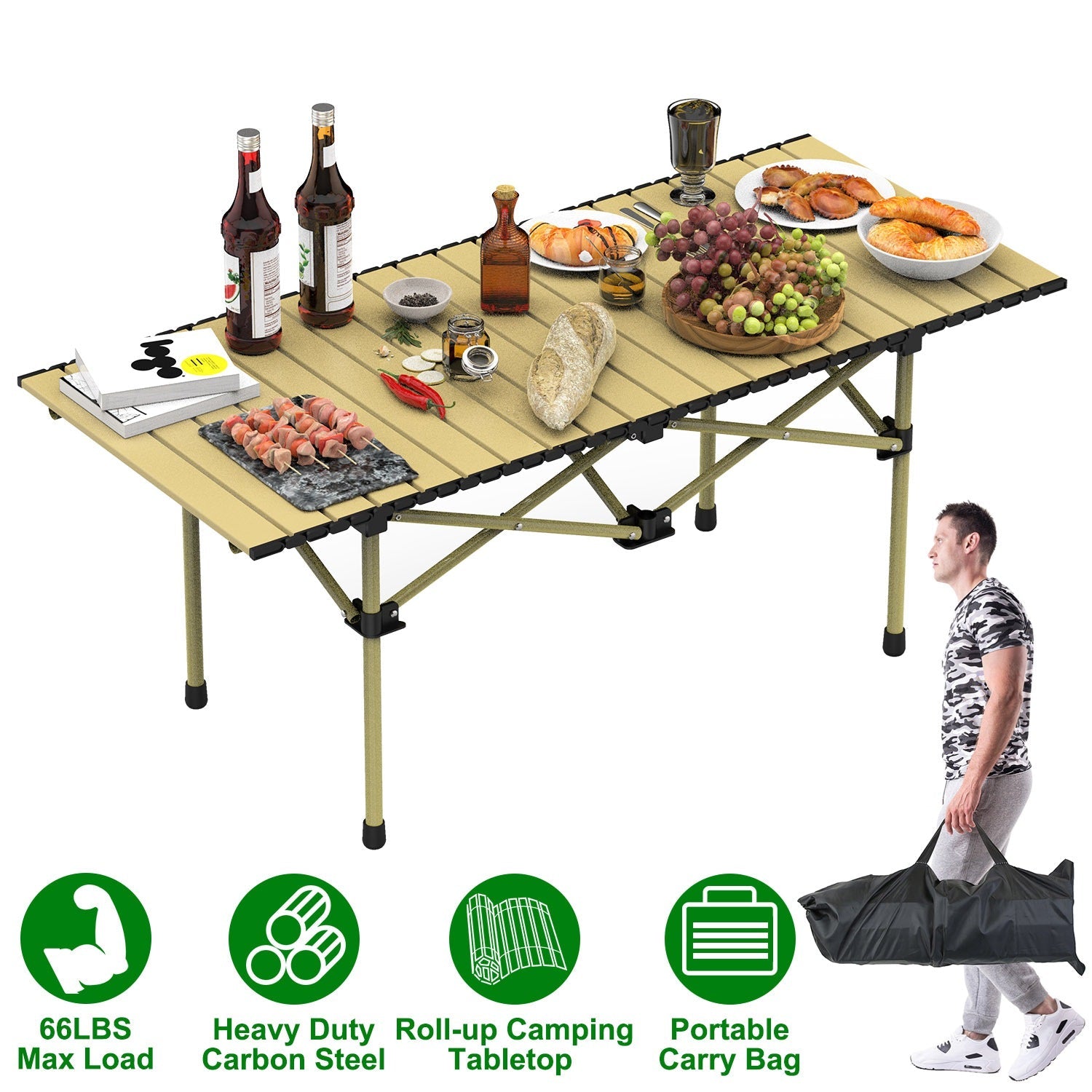 Folding Camping Carbon Steel Roll-Up Picnic & BBQ Table with Carry Bag