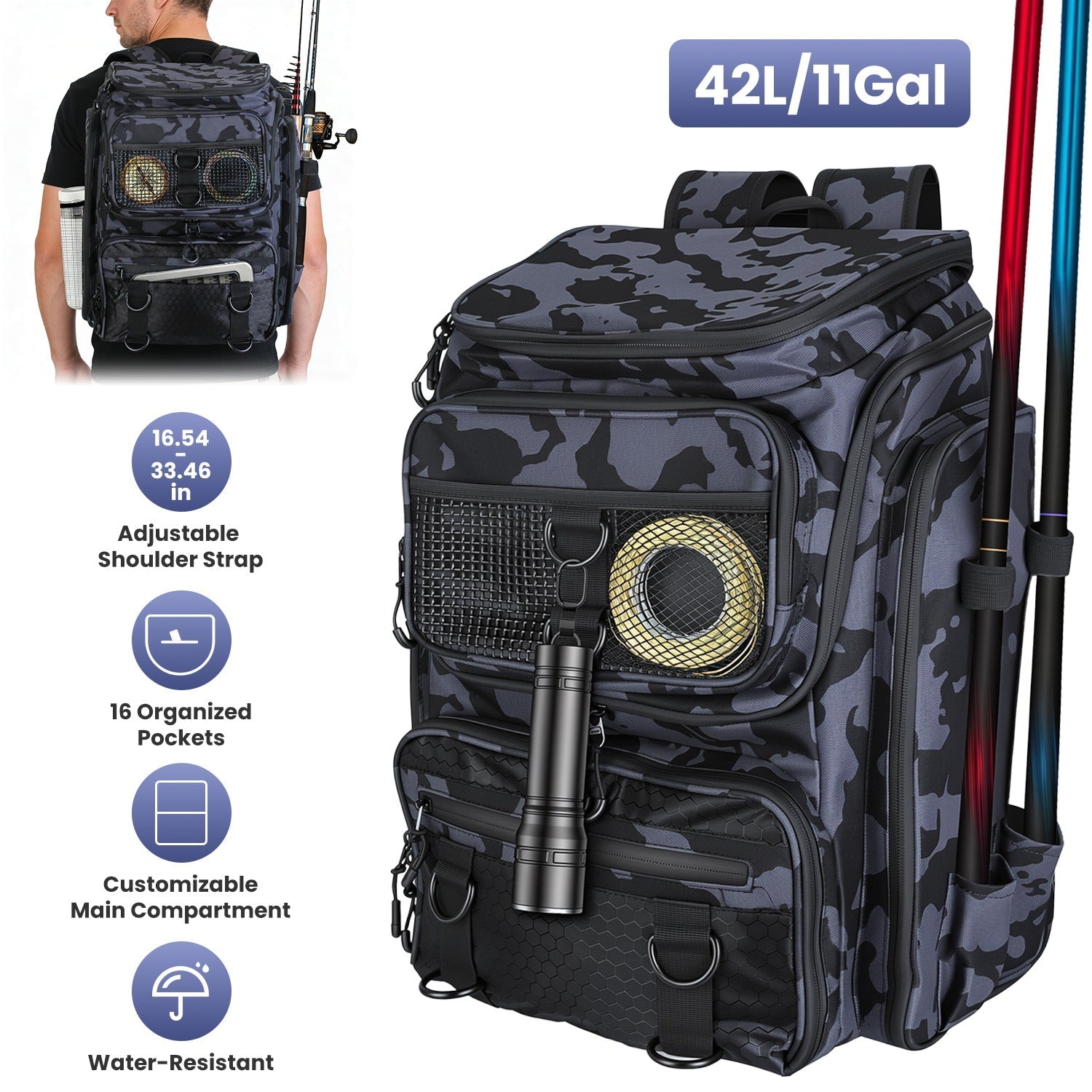 42L/11Gal Fishing Backpack Large Capacity with Rod Holders 16-Pocket WR with Divider Adjustable Padded Straps