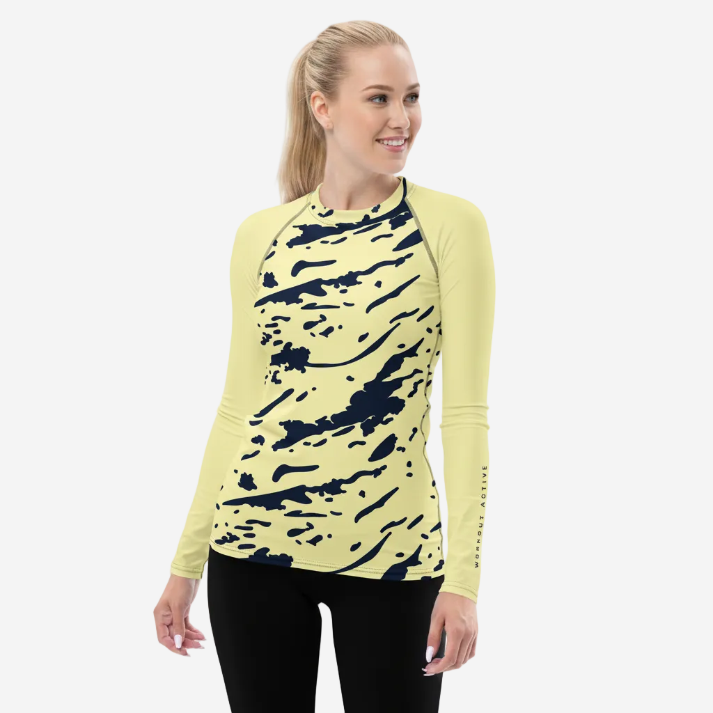 Yellow with Navy Splash Women's Long Sleeve Rash Guard