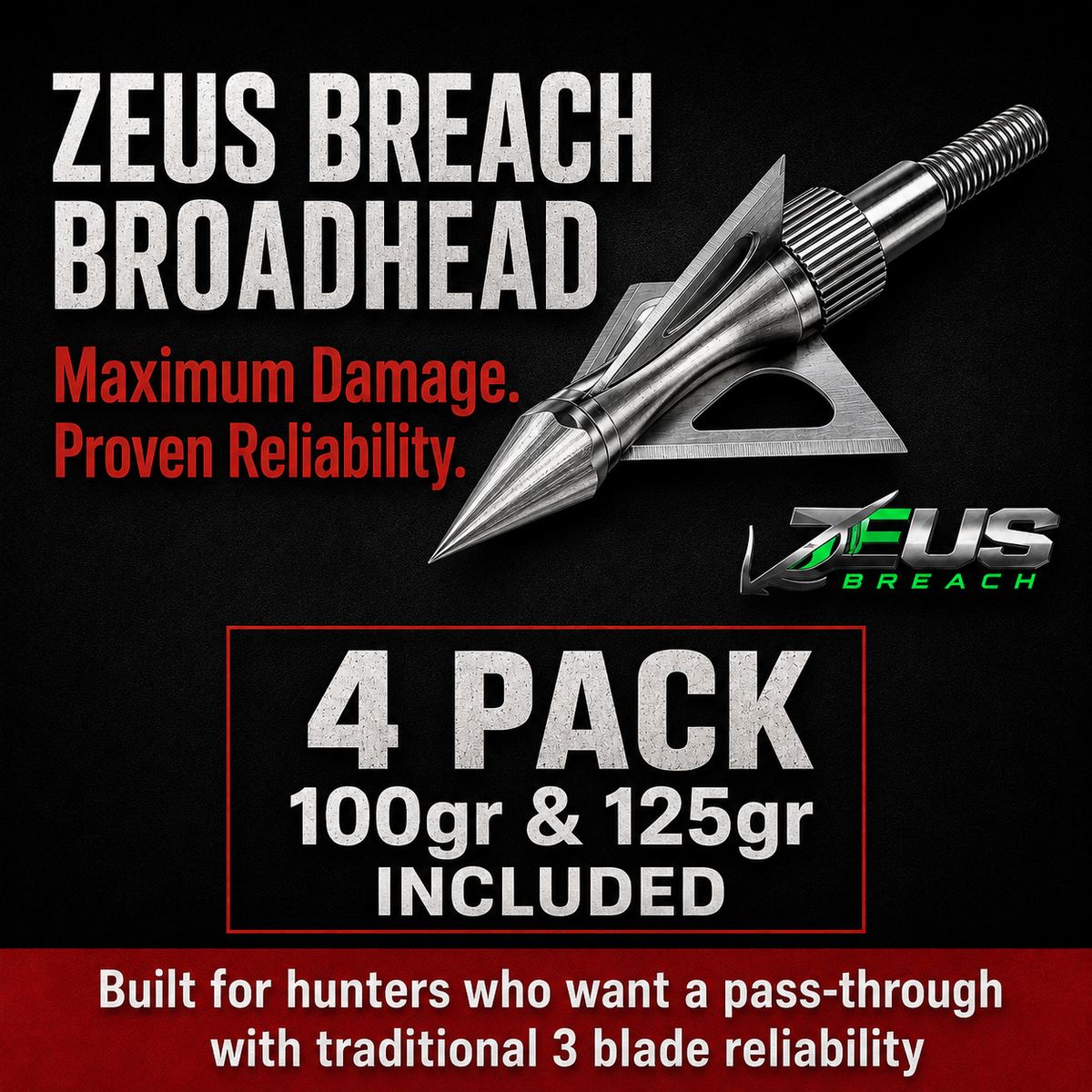 ZEUS BREACH BROADHEADS (4-PACK) | COMES WITH BOTH 100/125 GR TIPS