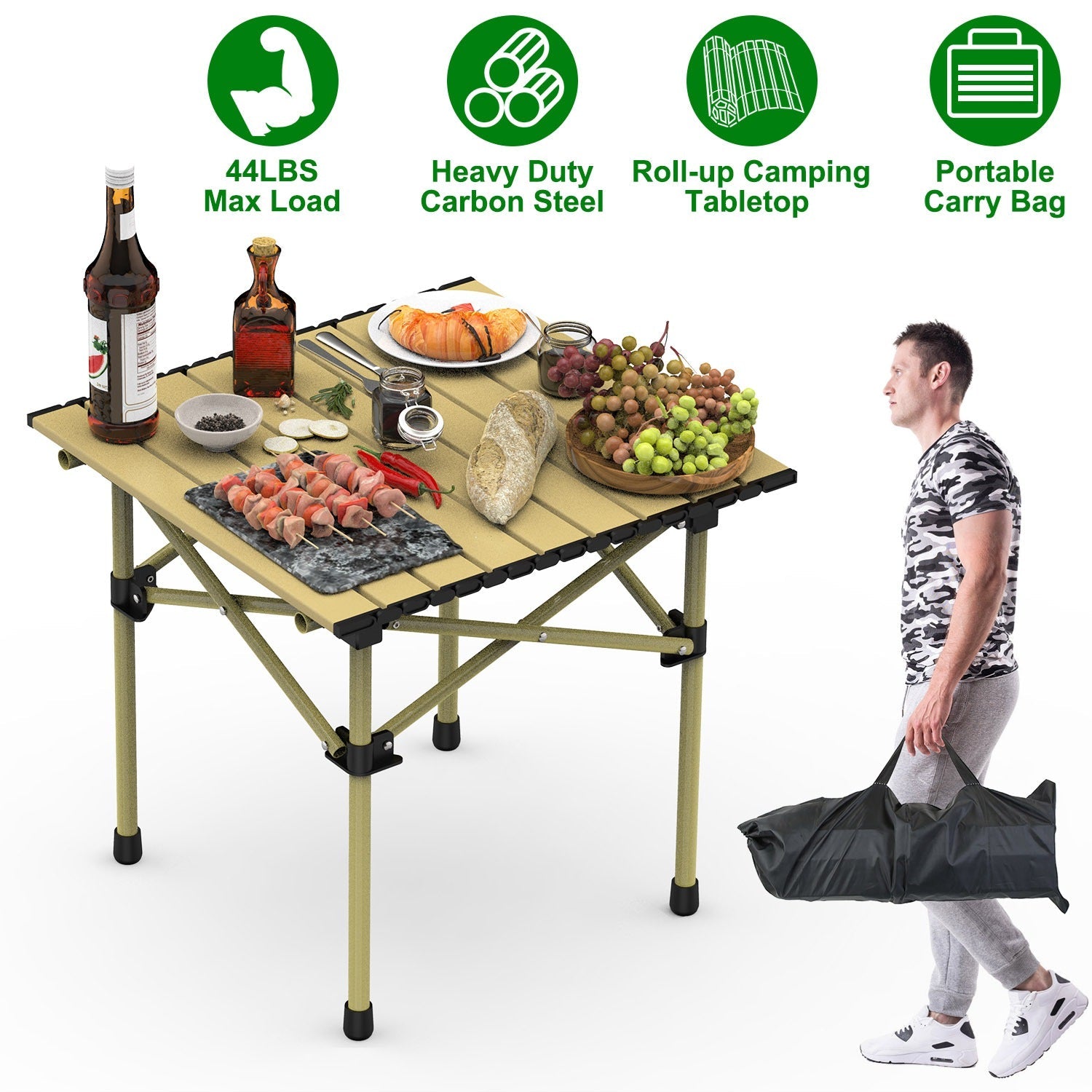 Folding Camping Carbon Steel Roll-Up Picnic & BBQ Table with Carry Bag