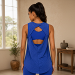 Sheer Striped Mesh Active Tank with Cut-Out Back Blue