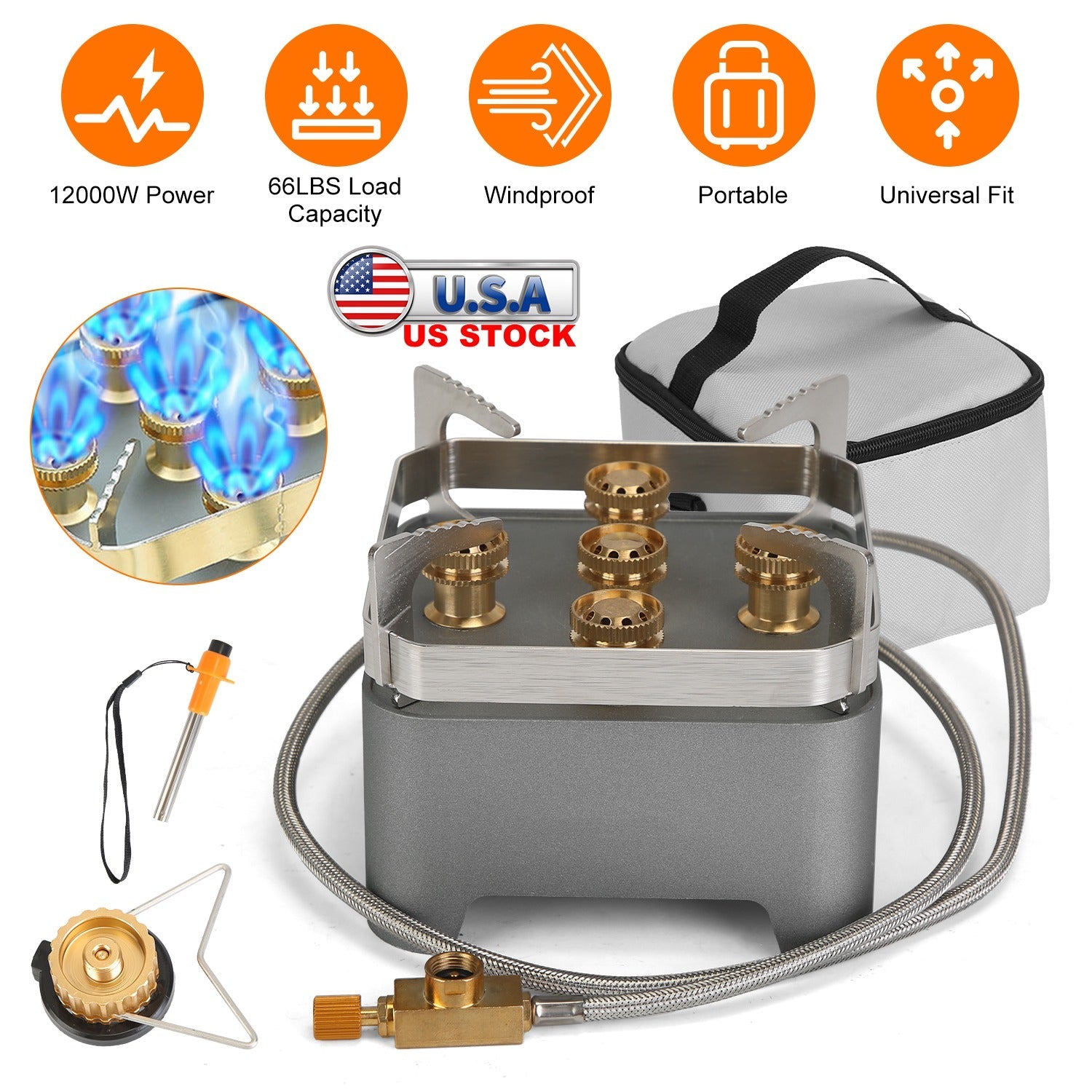 12000W Portable Camping Stove with Cassette Adapter Windproof Outdoor Backpacking Burner