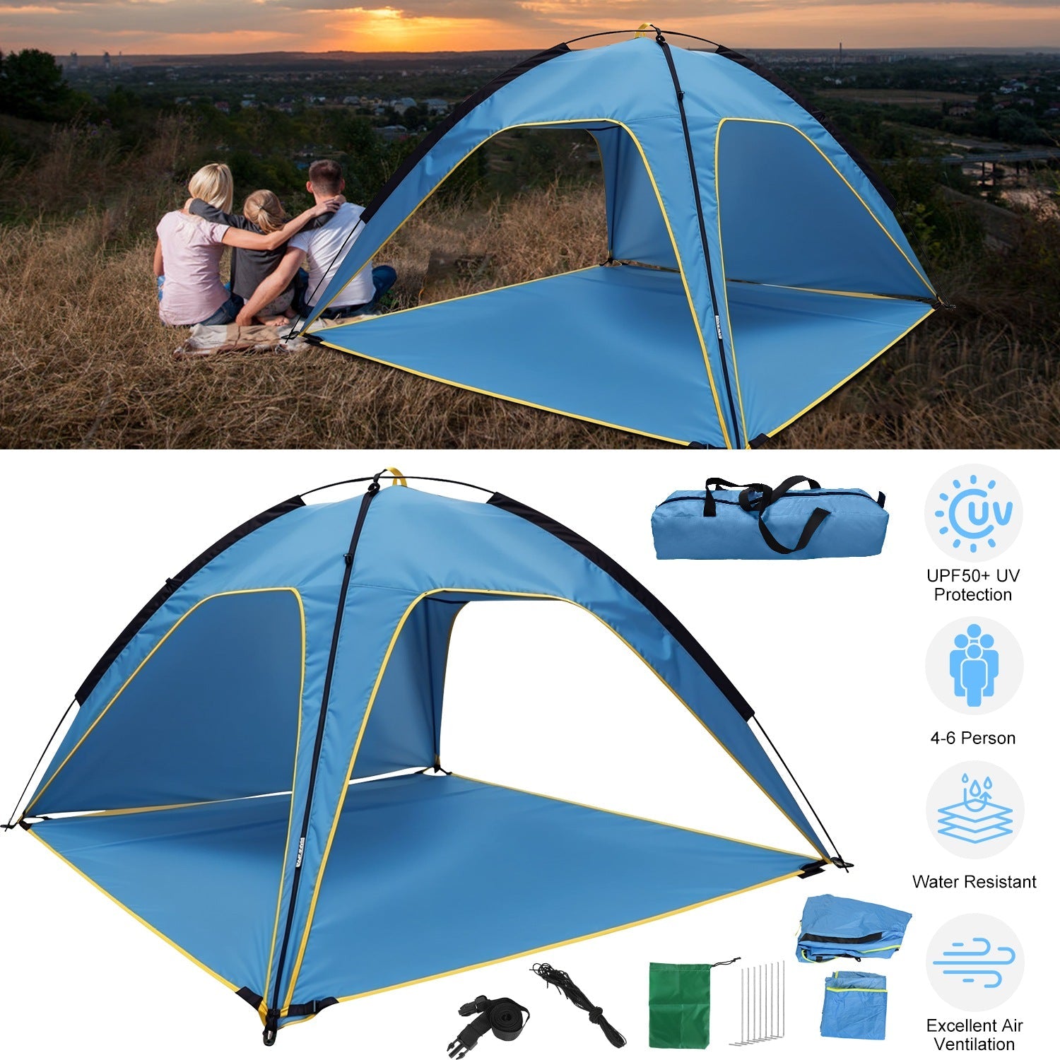 Outdoor Waterproof Tent Canopy 4-6 Person with 3-Door Openings UPF50+ | Beach Picnic Camping Hiking Adventure