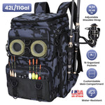 42L/11Gal Fishing Backpack Large Capacity with Rod Holders 16-Pocket WR with Divider Adjustable Padded Straps