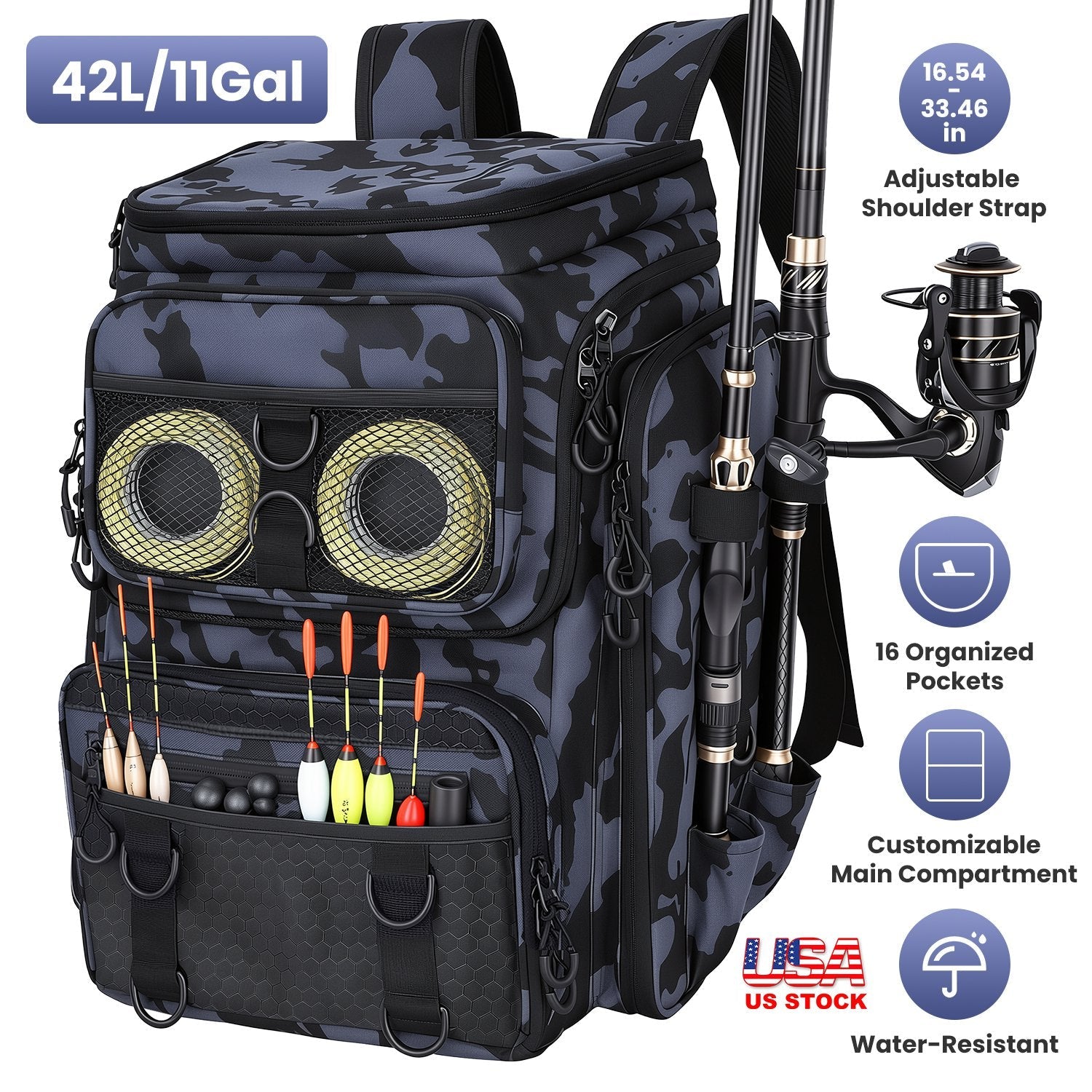42L/11Gal Fishing Backpack Large Capacity with Rod Holders 16-Pocket WR with Divider Adjustable Padded Straps