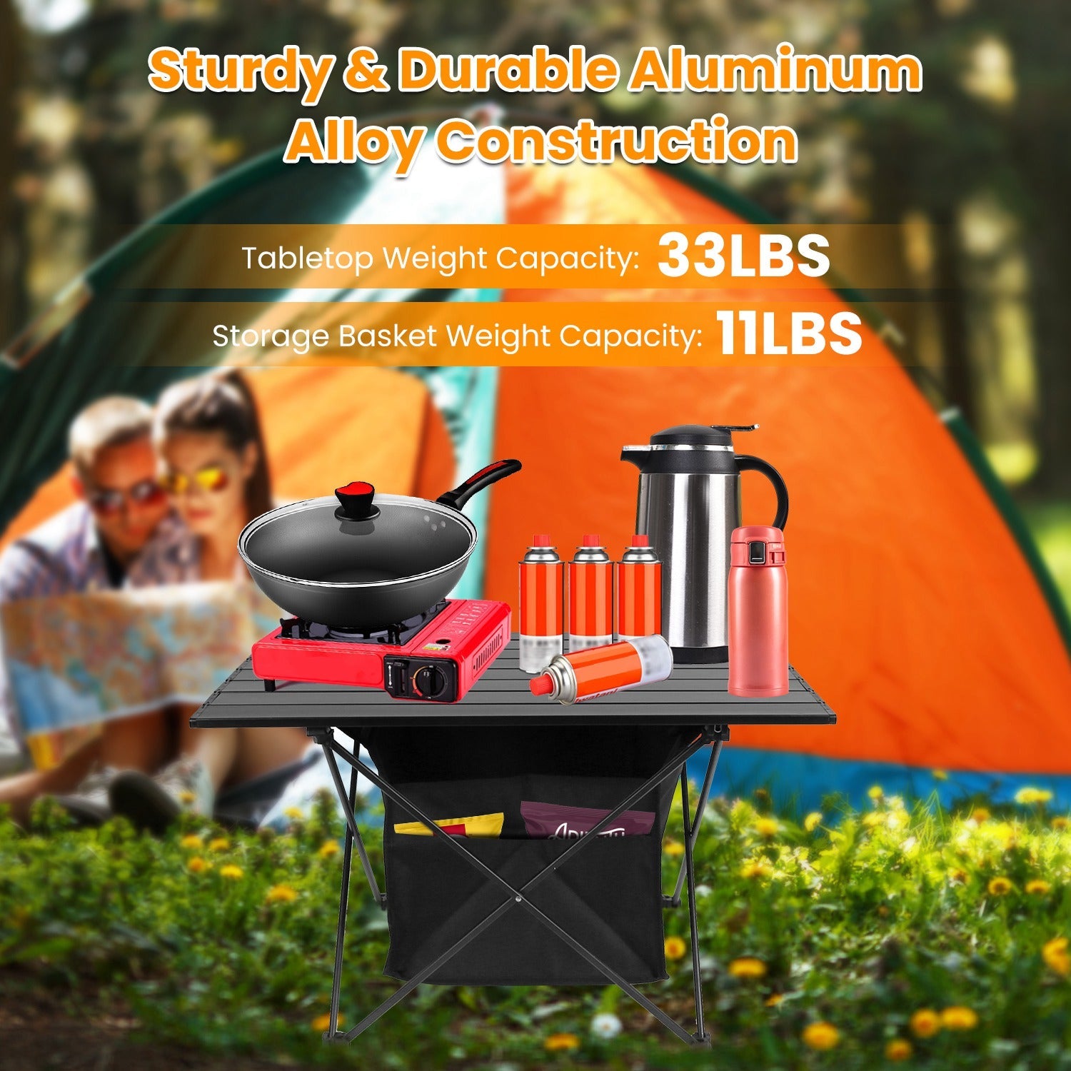 Foldable Camping Table with Storage Basket | Rustproof Aluminum Alloy & Roll-Up