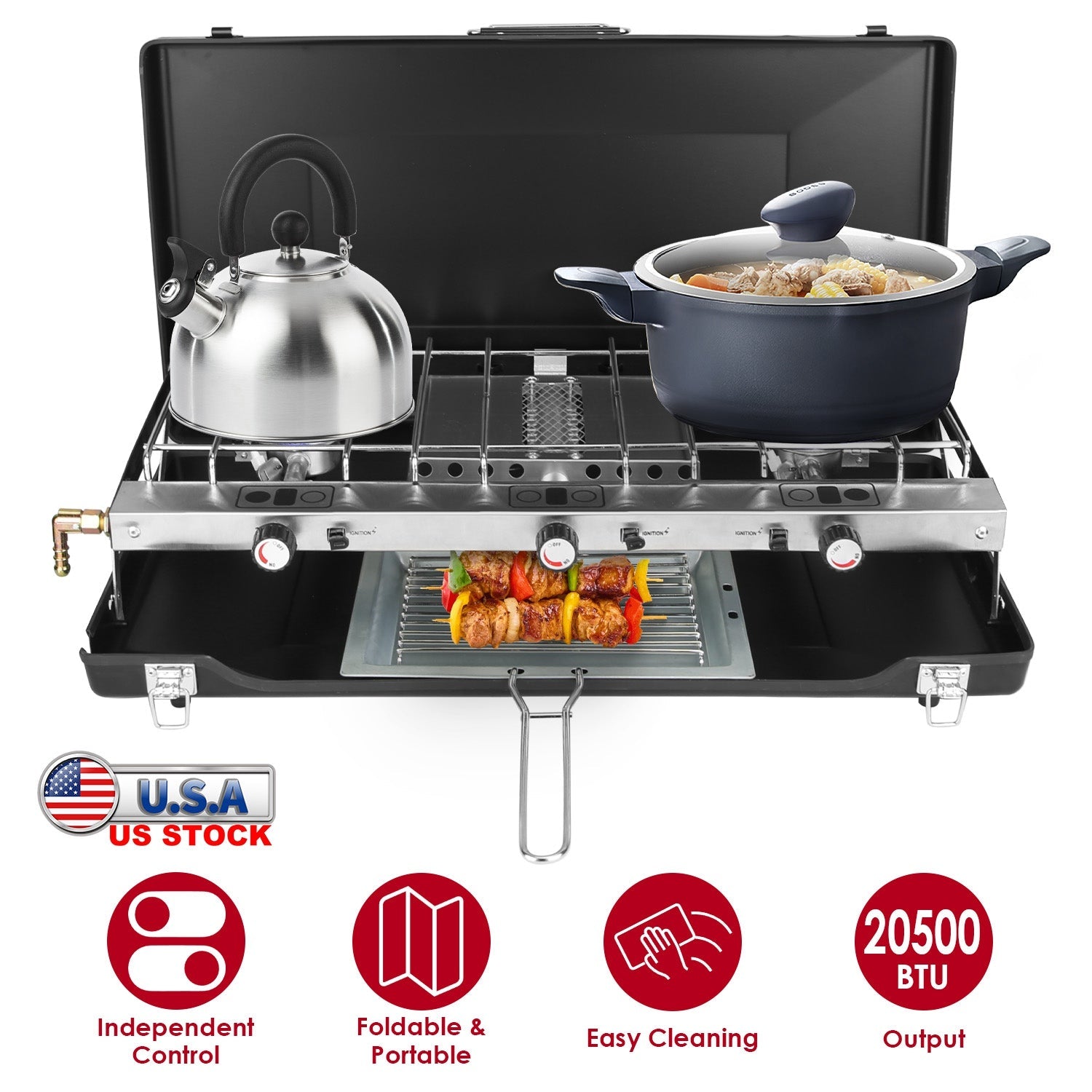 3-Burner Camping Stove 20000 BTU with Toast Tray | RV & Camping