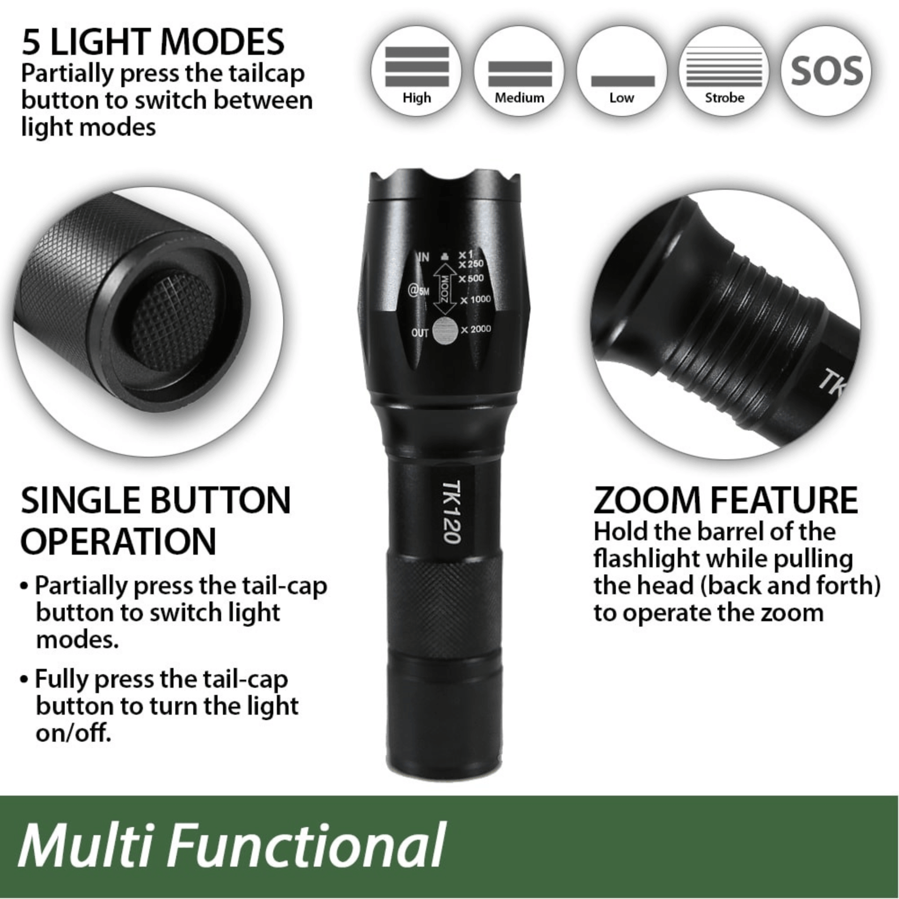EcoGear FX TK120 LED Tactical Flashlight with Strobe | 2-Pack