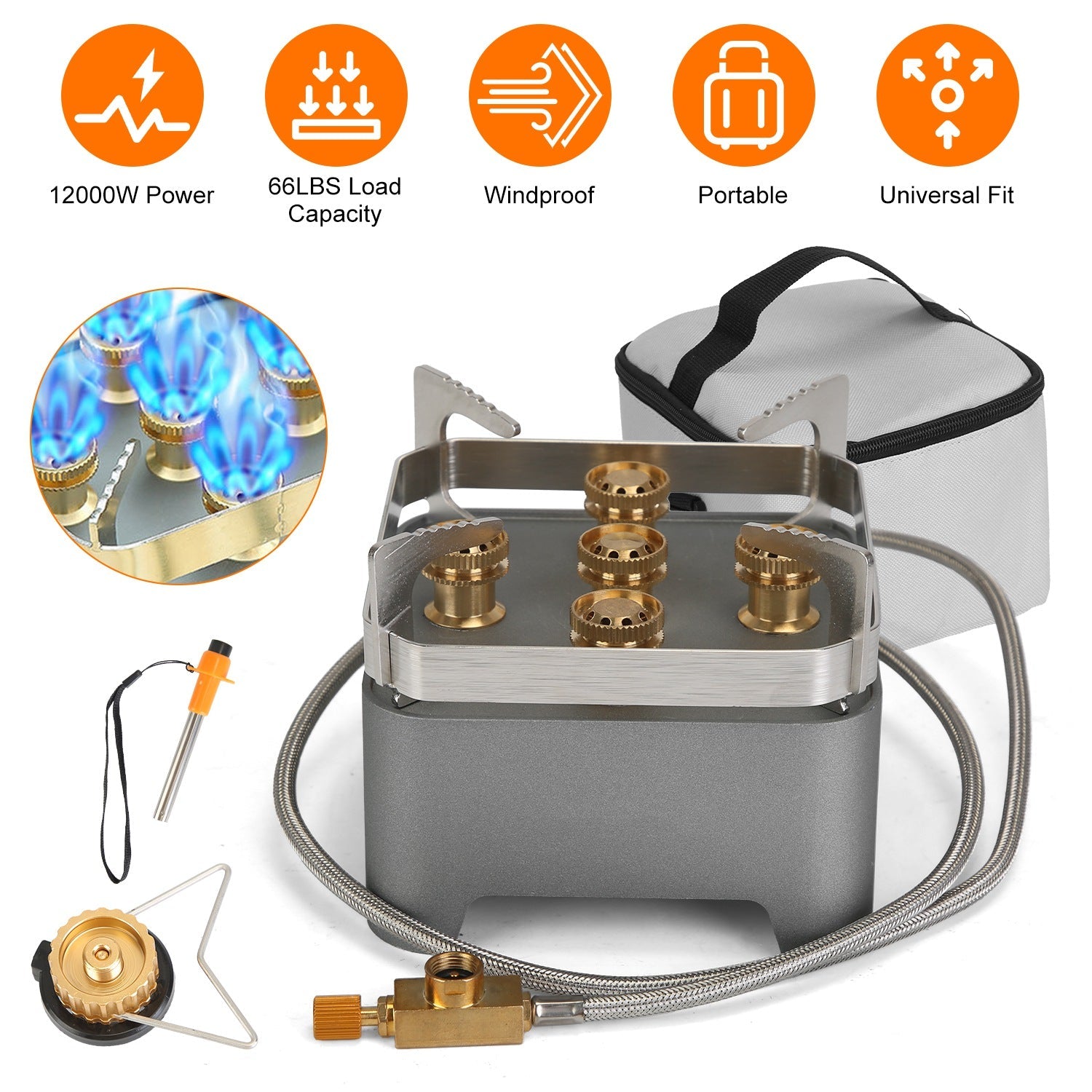 12000W Portable Camping Stove with Cassette Adapter Windproof Outdoor Backpacking Burner