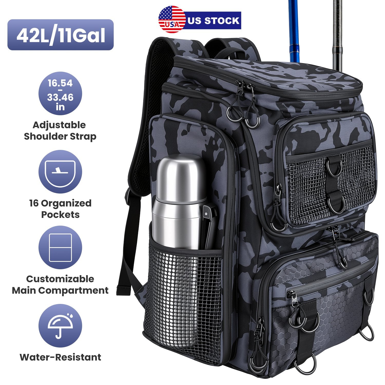42L/11Gal Fishing Backpack Large Capacity with Rod Holders 16-Pocket WR with Divider Adjustable Padded Straps