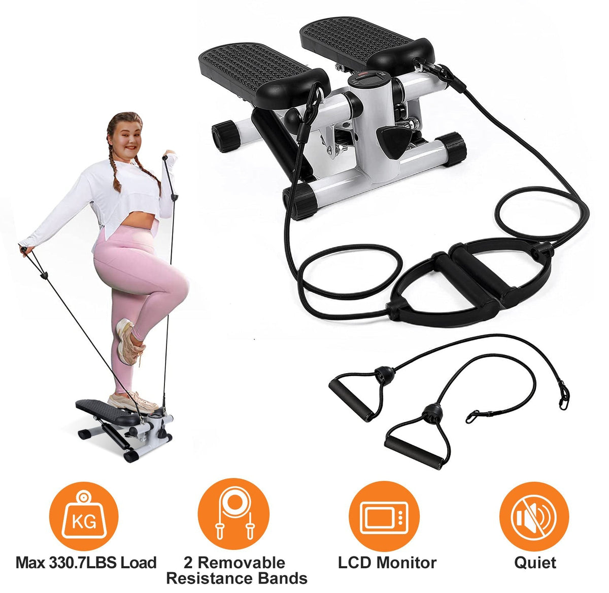 Mini Fitness Stepper with 2 Resistance Bands LCD Monitor | Max 330 LBS