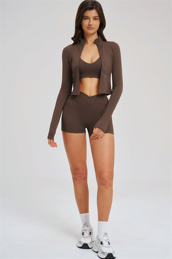 The Sizzle Zip Jacket Sports Bra Shorts | 3-Piece Set